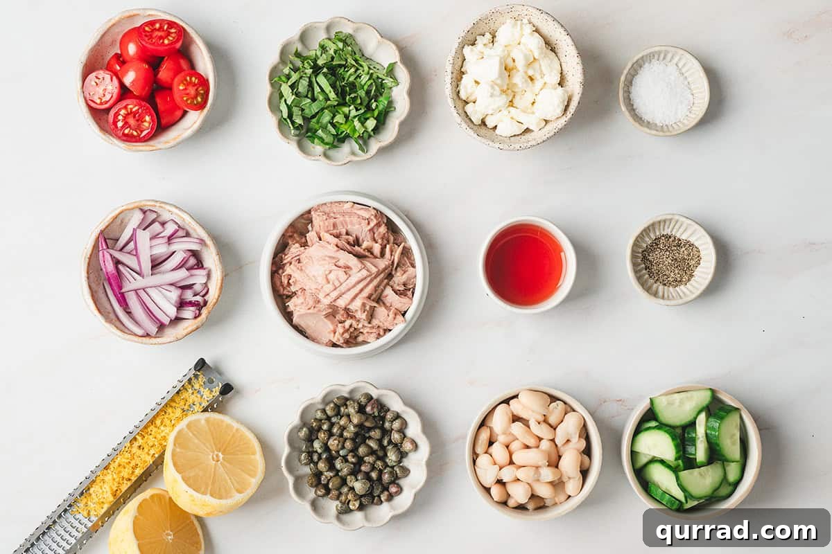 Mediterranean White Bean and Tuna Salad with Lemon Vinaigrette 4 The ingredients to make tuna white bean salad.