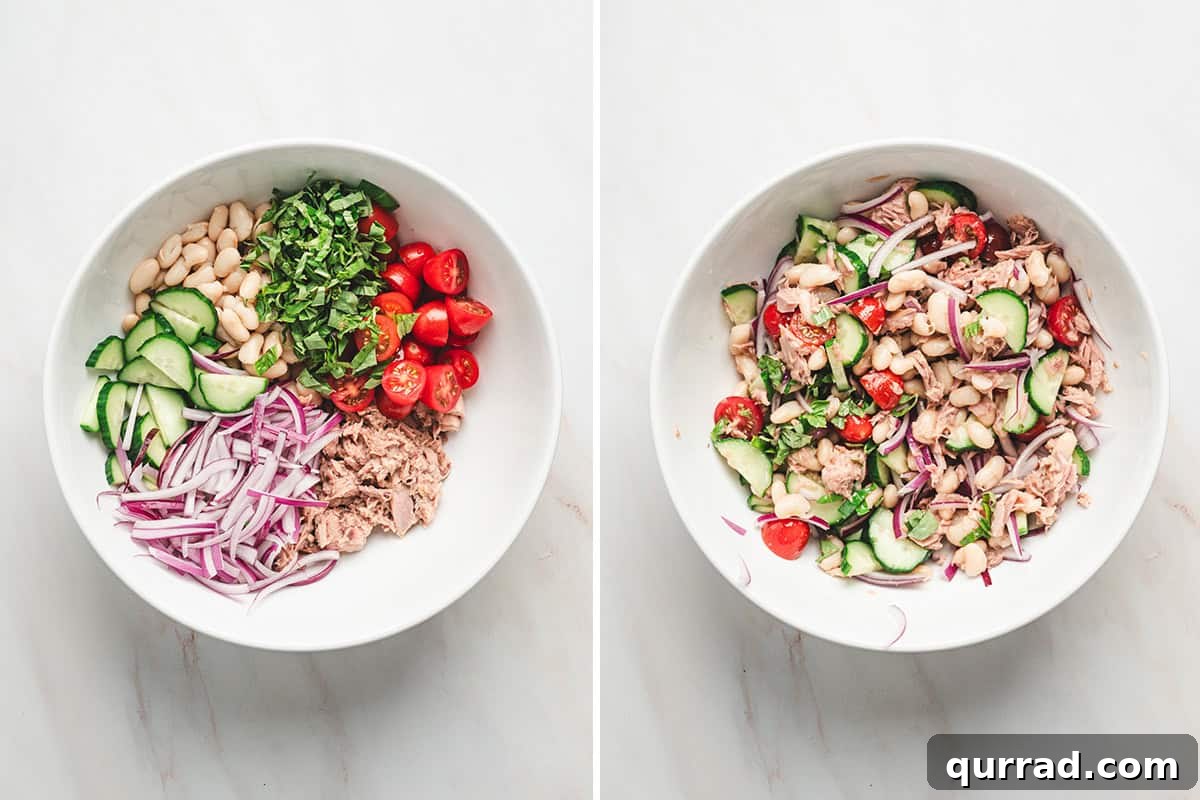 Mediterranean White Bean and Tuna Salad with Lemon Vinaigrette 5 Sliced cucumber, red onion, cherry tomatoes, white beans and fresh basil in a bowl.