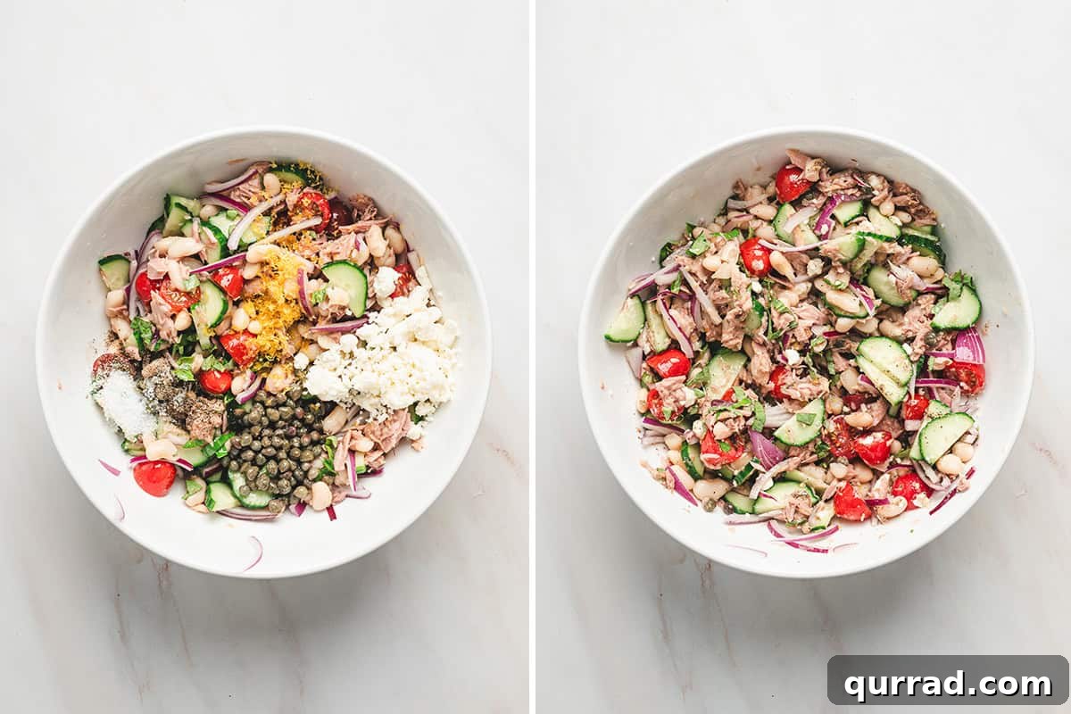 Mediterranean White Bean and Tuna Salad with Lemon Vinaigrette 6 Feta, lemon zest and dressing ingredients added to a bowl of tuna white bean salad.