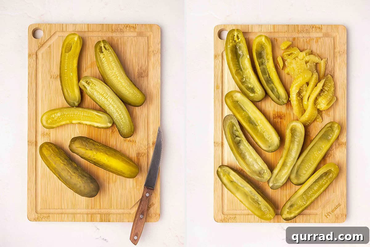 Deviled Pickles Recipe: Tangy Spicy Pickle Bites 5 Dill pickles sliced in half, followed by the middles scooped out.