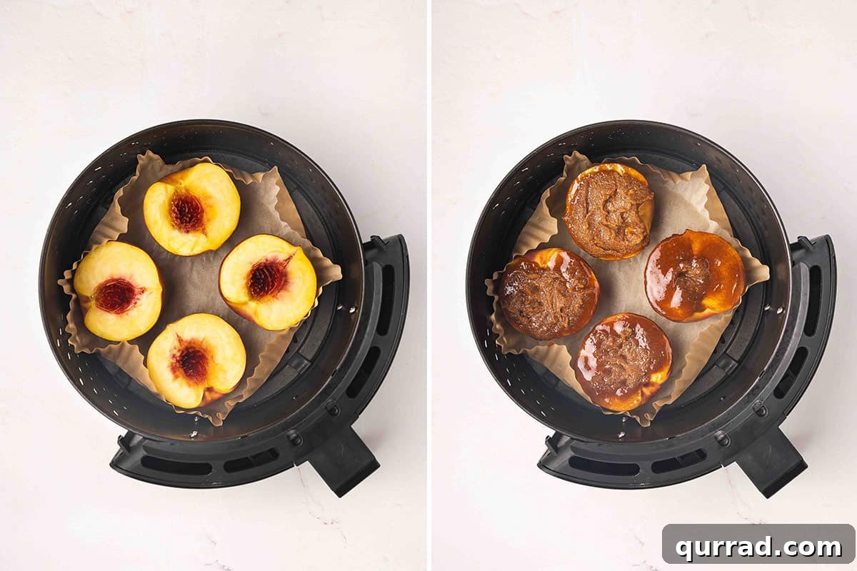 Air Fryer Peaches with Honey and Cinnamon 8 Peaches in an air fryer halfway through air frying, followed by the same peaches topped with cinnamon butter.