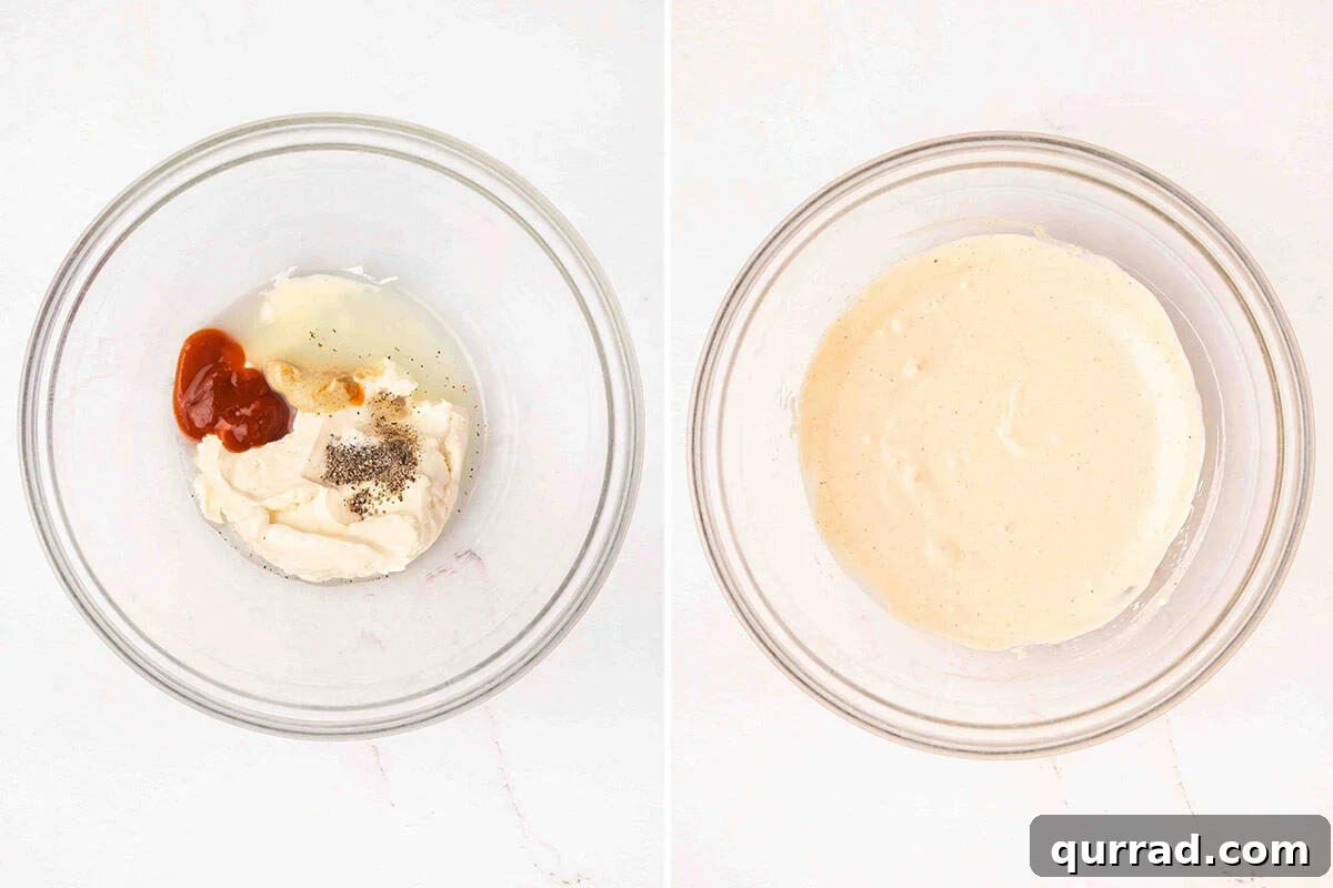 Mayonnaise, dijon, sriracha and seasonings in a bowl.