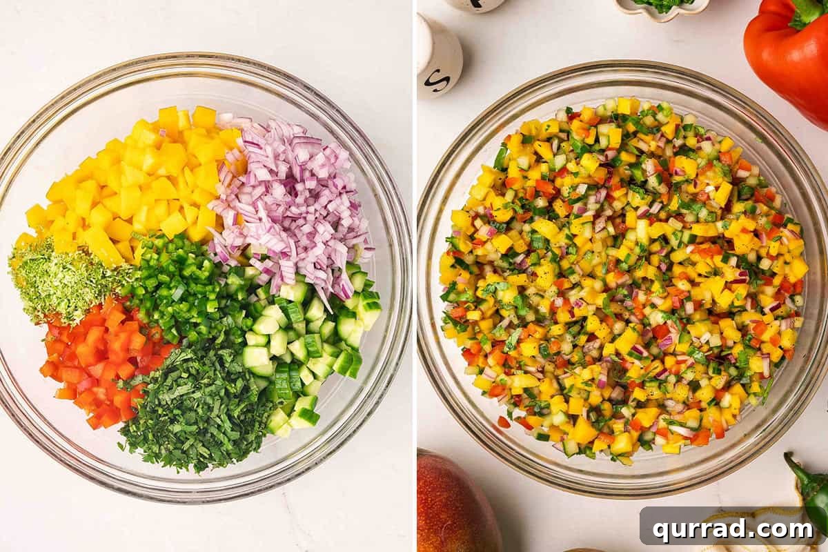 Fresh Mango Salsa Recipe with Cilantro and Lime 5 Diced mango, red onion, cilantro, bell pepper, and minced jalapeno in a bowl.