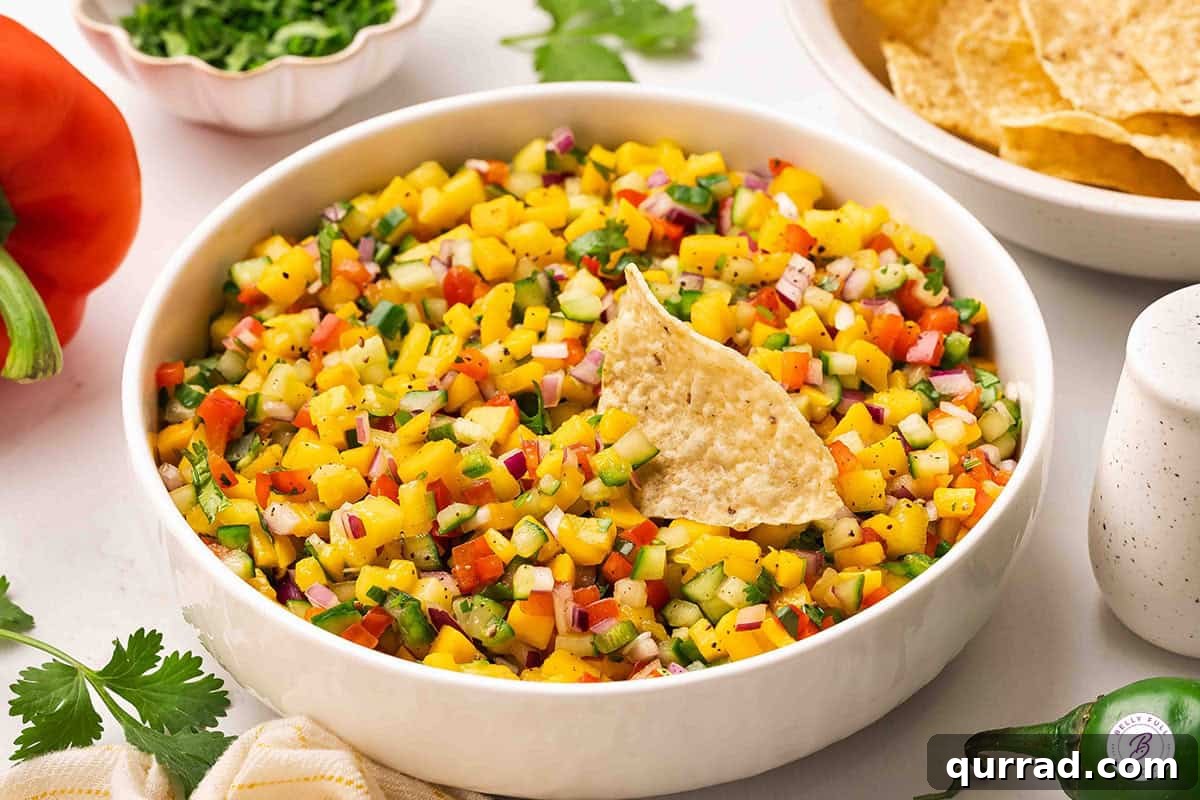 Fresh Mango Salsa Recipe with Cilantro and Lime 7 Side view of a bowl of fresh mango salsa with a tortilla chip.