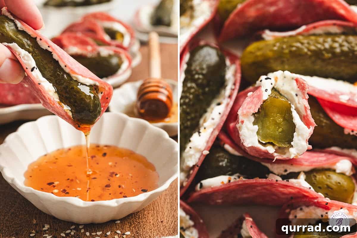 Mini Pickle and Salami Taco Bites 9 A pickle taco being dipped in hot honey, followed by a pickle taco with a pickle missing.