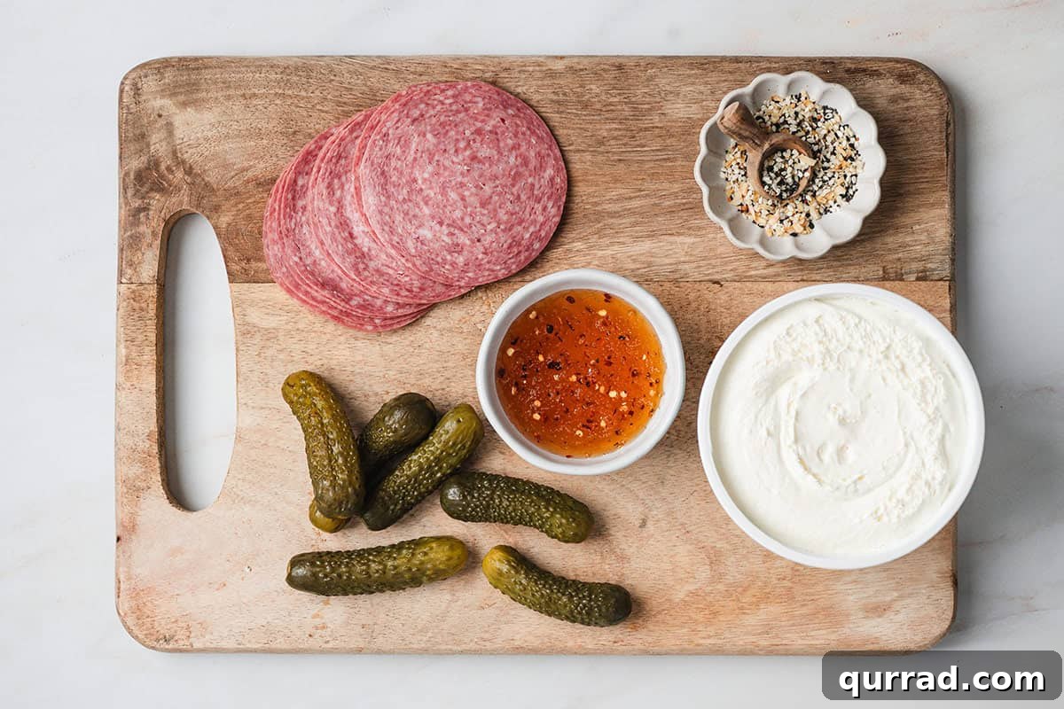 Mini Pickle and Salami Taco Bites 4 The ingredients to make mini pickle salami tacos.