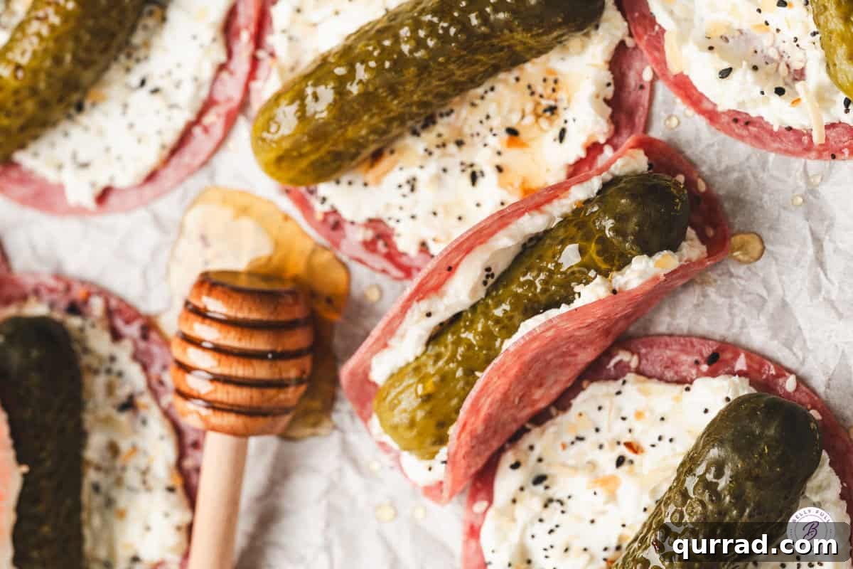 Mini Pickle and Salami Taco Bites 7 Overhead close up of mini pickle salami tacos.