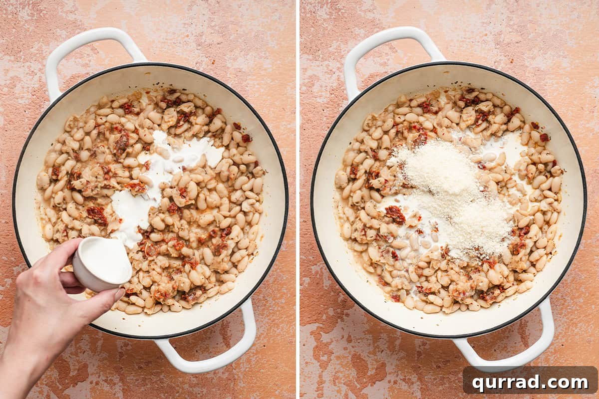 Marry Me Beans: Creamy Tomato and Herb Skillet 8 Cream being poured into a skillet of Marry Me white beans, then Parmesan sprinkled on top.