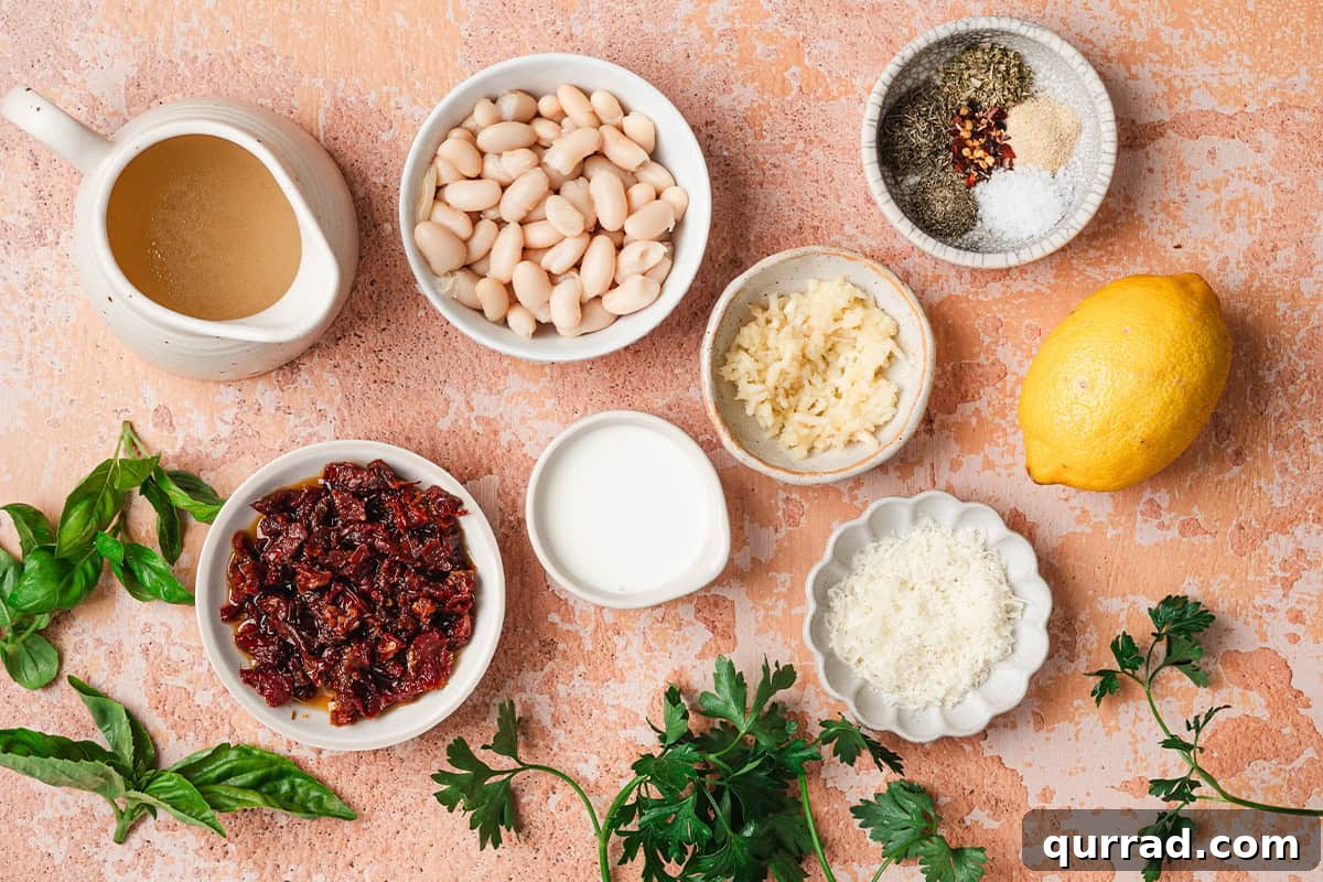 Marry Me Beans: Creamy Tomato and Herb Skillet 4 The ingredients to make Marry Me beans.