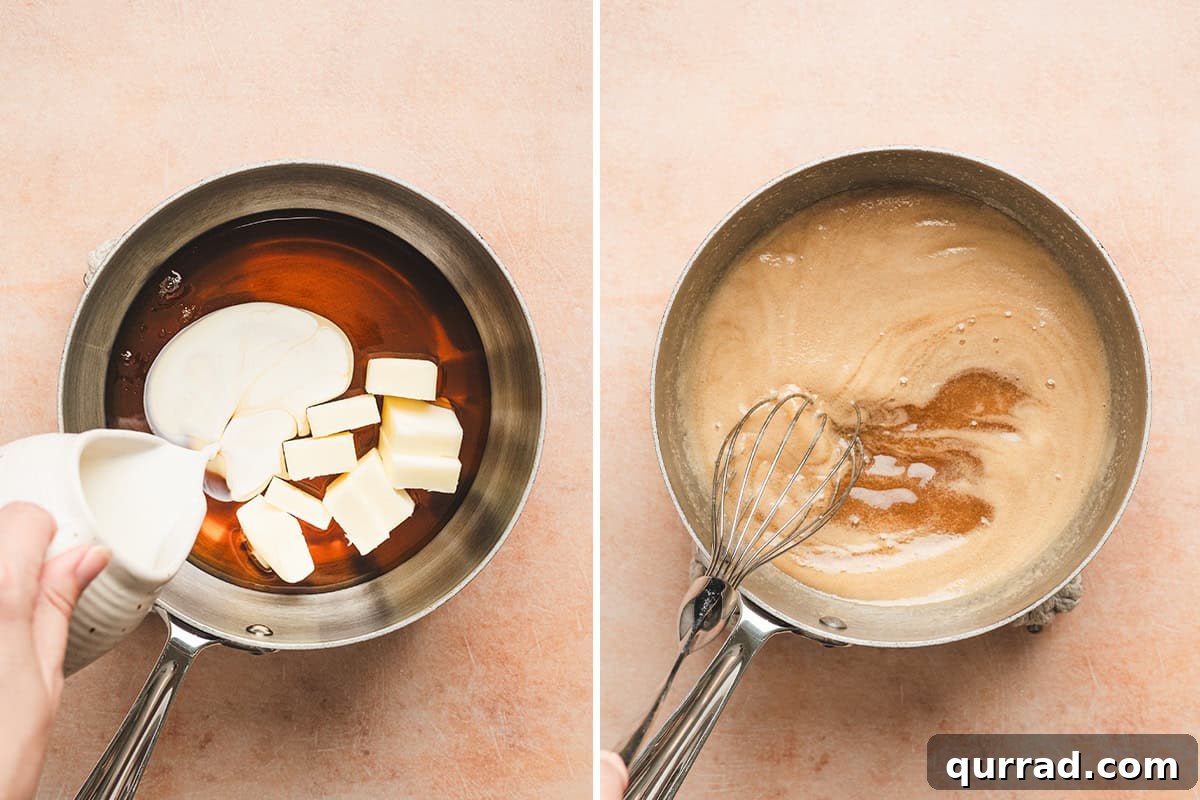 Maple syrup in a saucepan with sliced butter and heavy cream being poured in.