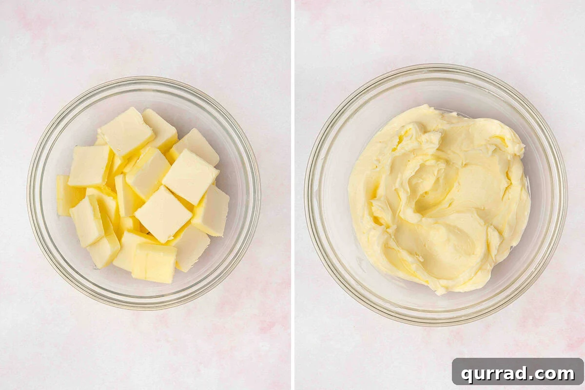 Cubed butter in a bowl, followed by the butter creamed.