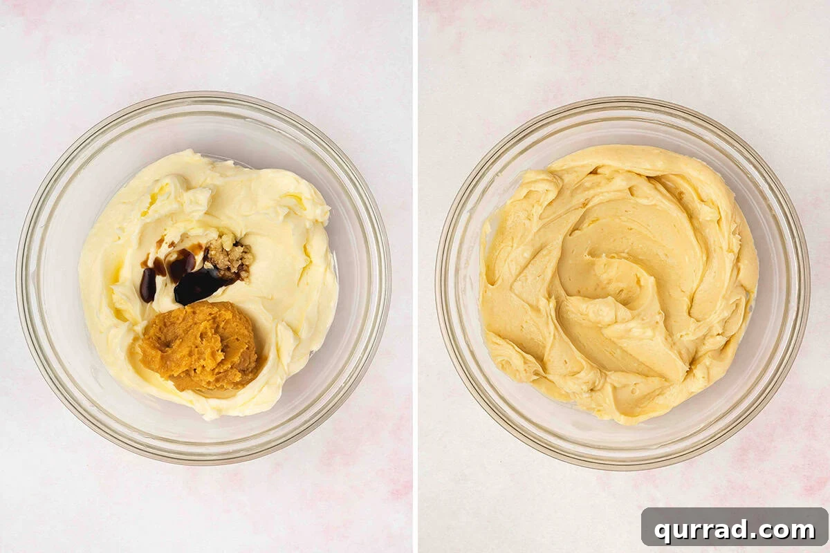 Minced garlic, miso paste and soy sauce added to a bowl of softened butter, followed by everything mixed together in a bowl.