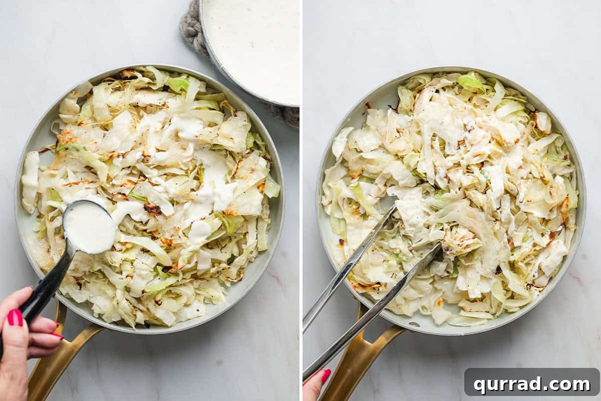 Creamy Alfredo Cabbage Ribbons 8 Alfredo sauce being poured over shredded cabbage in a skillet, followed by tongs mixing alfredo cabbage together.