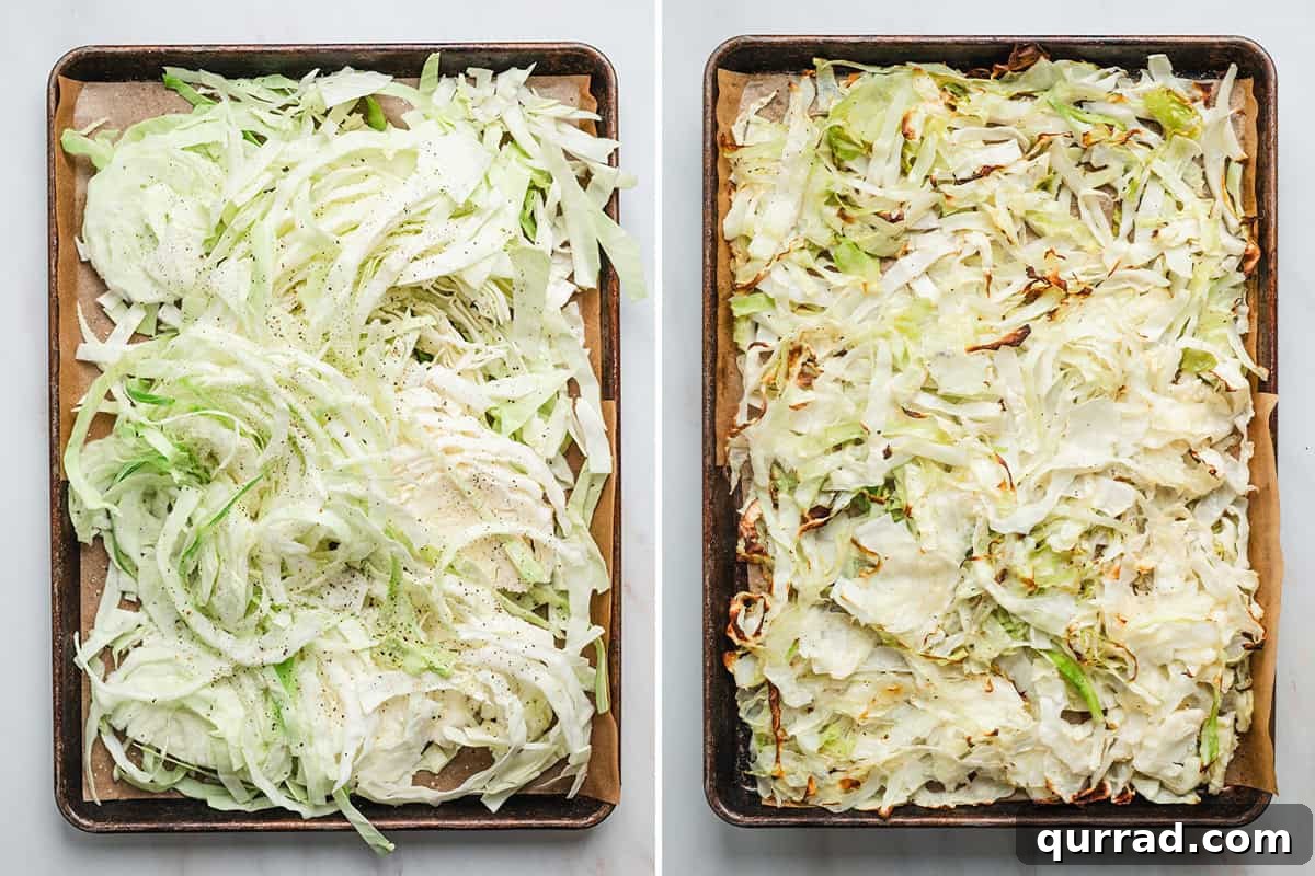 Creamy Alfredo Cabbage Ribbons 6 Shredded cabbage on a sheet pan, followed by baked cabbage on a sheet pan after baking.