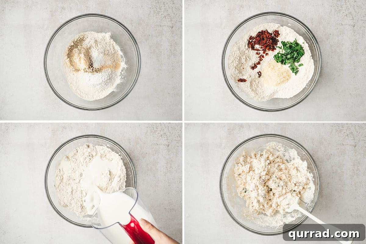 Marry Me Butter Swirl Biscuits 6 Flour and seasonings in a bowl with added ingredients and cream.