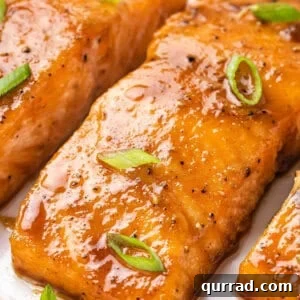 Sticky Brown Sugar-Glazed Salmon Recipe 3 Front close up view of brown sugar glazed salmon.