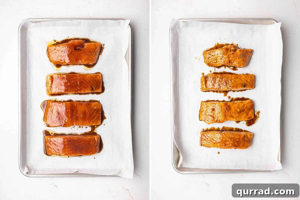 Sticky Brown Sugar-Glazed Salmon Recipe 7 Brown sugar glazed salmon on a baking sheet before and after baking.
