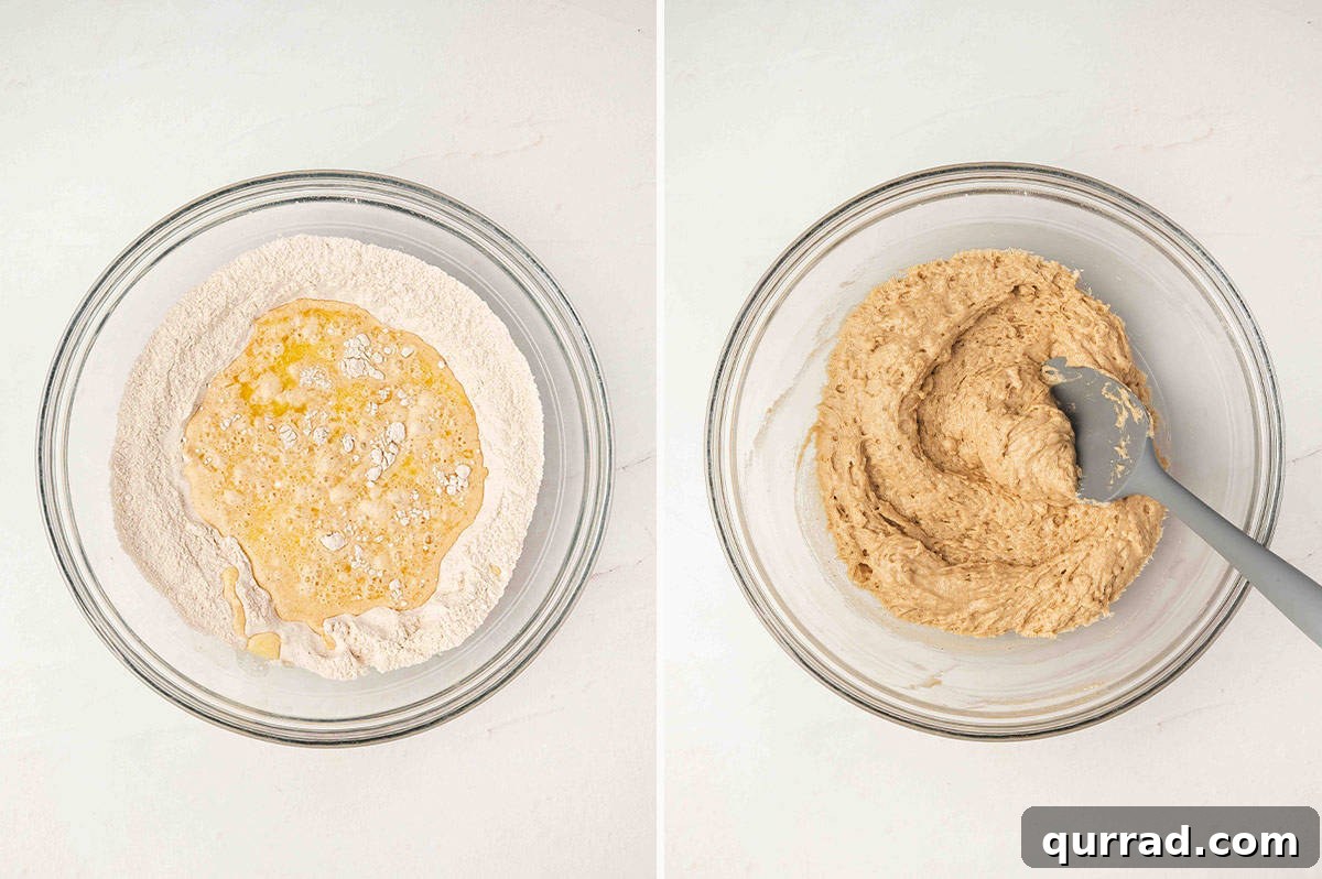 Two bowls side by side, one with wet ingredients poured into the dry, the other showing the combined batter mixed together.