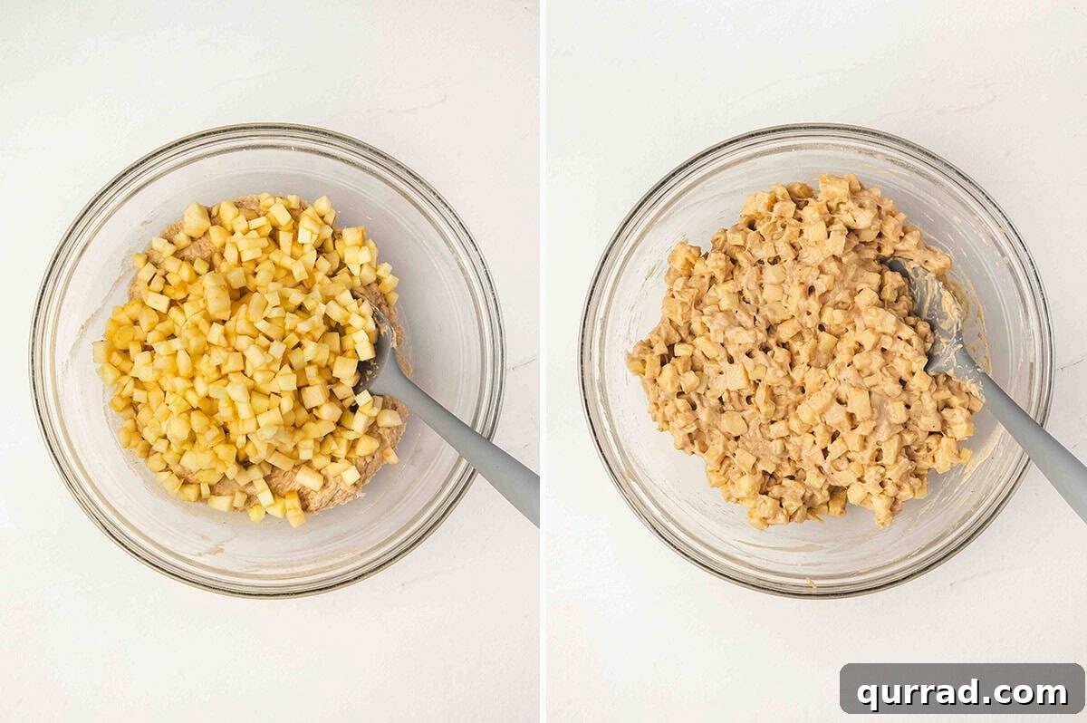 Two bowls side by side, one with chopped apples added to the batter, the other showing apples fully folded in.