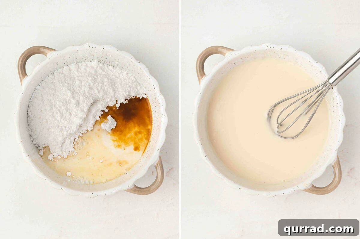 Two bowls side by side, one with powdered sugar, milk, and vanilla before mixing, the other whisked into a smooth glaze.
