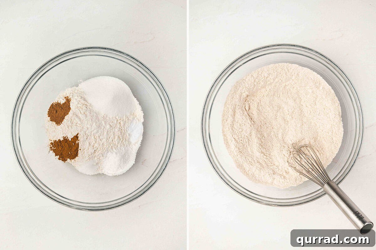 Two bowls side by side, one showing flour, sugar, and spices before mixing, the other showing the dry mixture whisked together.