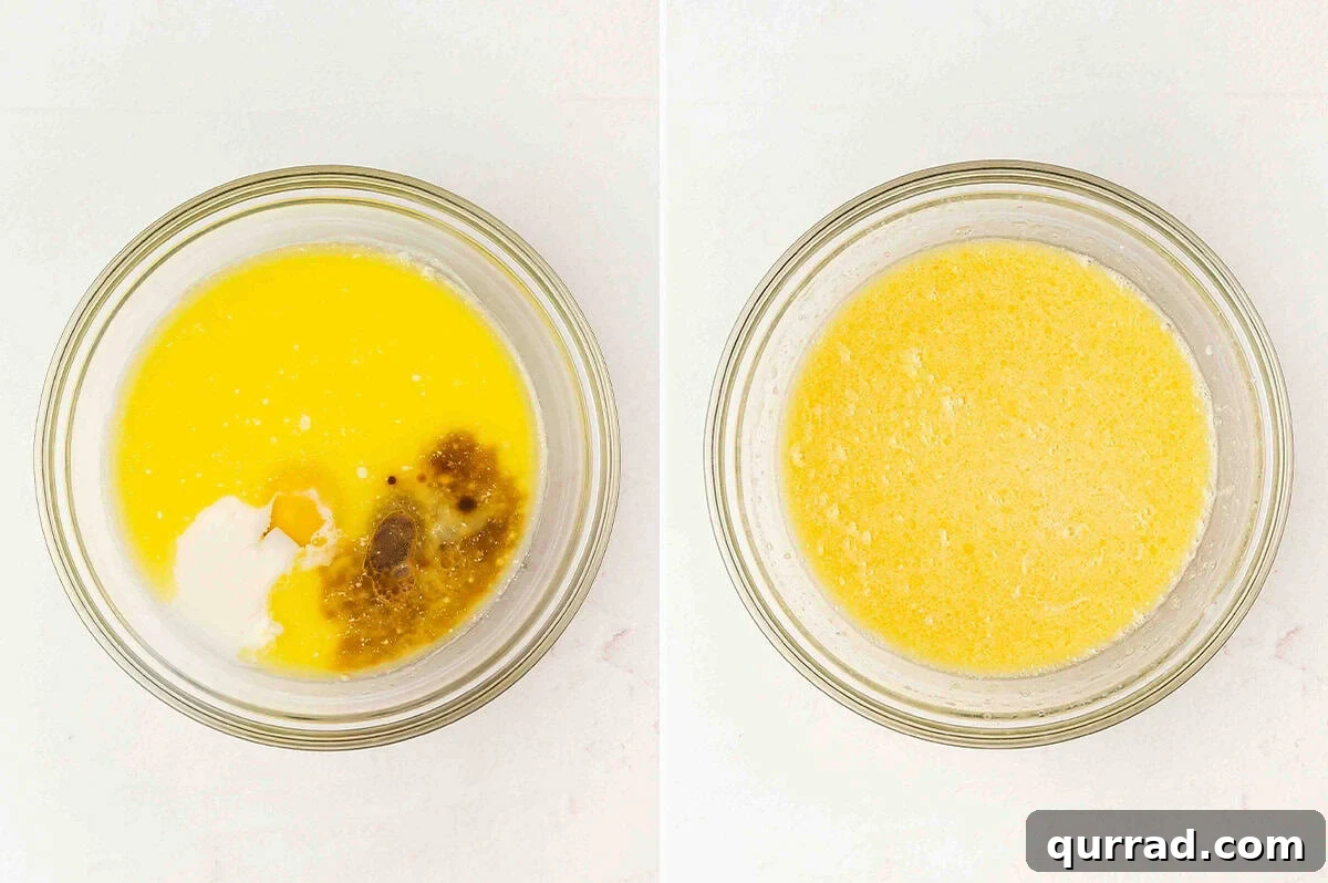 Two bowls side by side, one with melted butter, egg, buttermilk, and vanilla before mixing, the other whisked smooth.